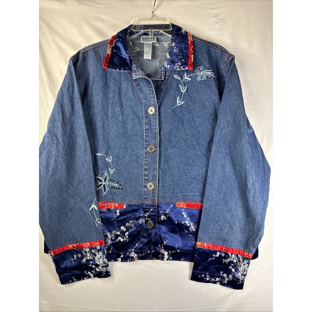 Chico's‎ Design Embroidered Denim Jacket Women's 2 Blue Brocade Velvet Trim